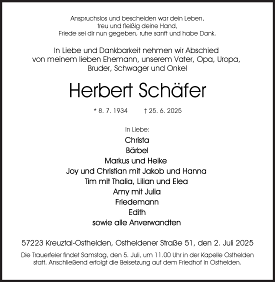 Traueranzeige von Herbert Schäfer von Siegener Zeitung
