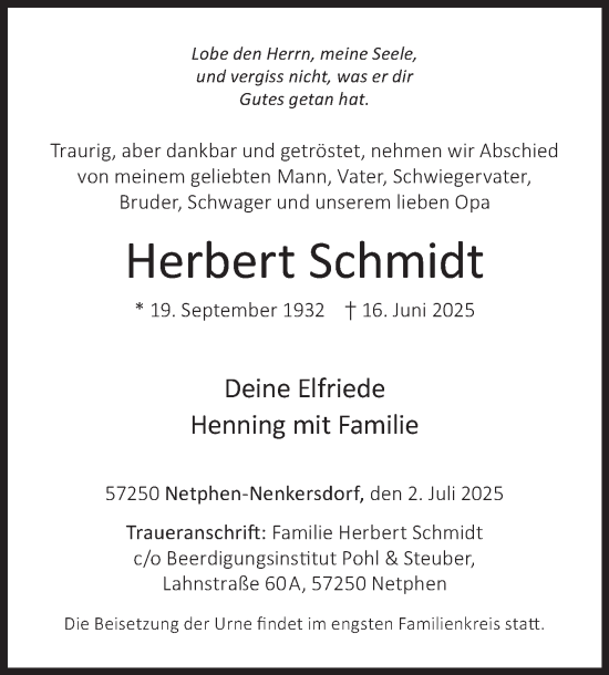 Traueranzeige von Herbert Schmidt von Siegener Zeitung