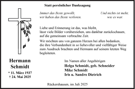 Traueranzeige von Hermann Schmidt von Siegener Zeitung