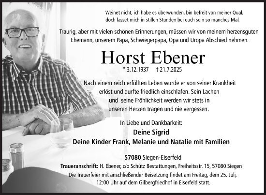Traueranzeige von Horst Ebener von Siegener Zeitung