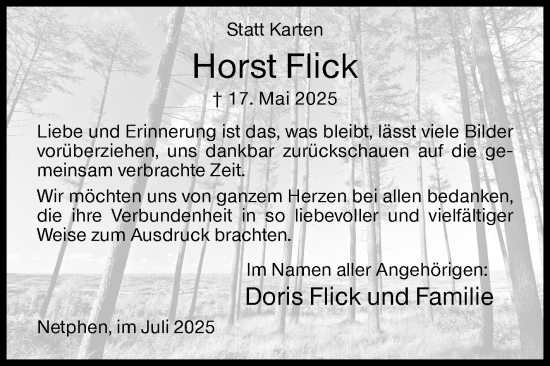 Traueranzeige von Horst Flick von Siegener Zeitung
