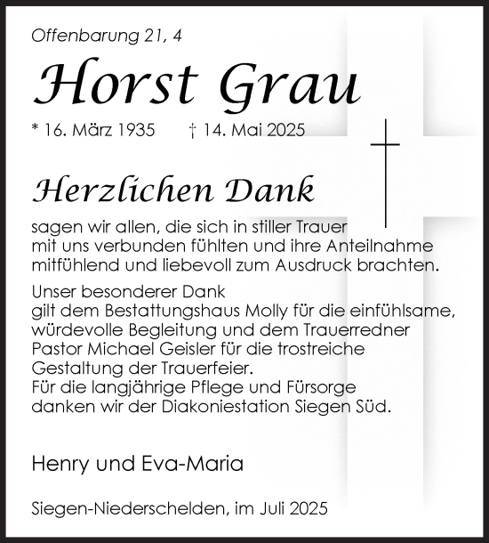 Traueranzeige von Horst Grau von Siegener Zeitung