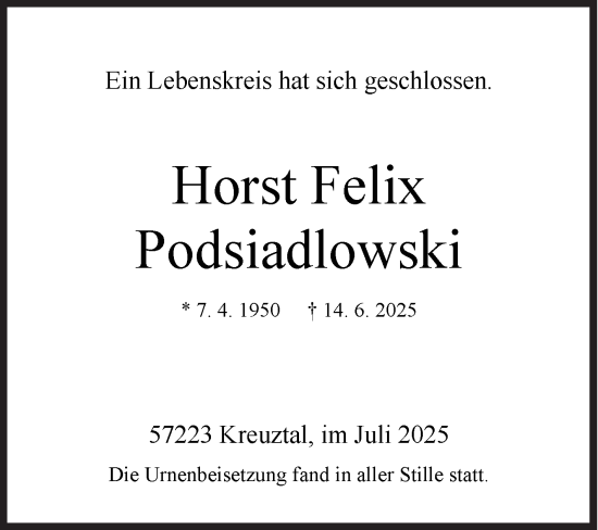 Traueranzeige von Horst Podsiadlowski von Siegener Zeitung