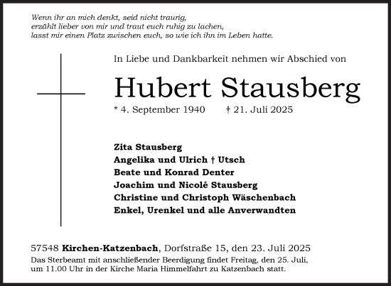 Traueranzeige von Hubert Stausberg von Siegener Zeitung