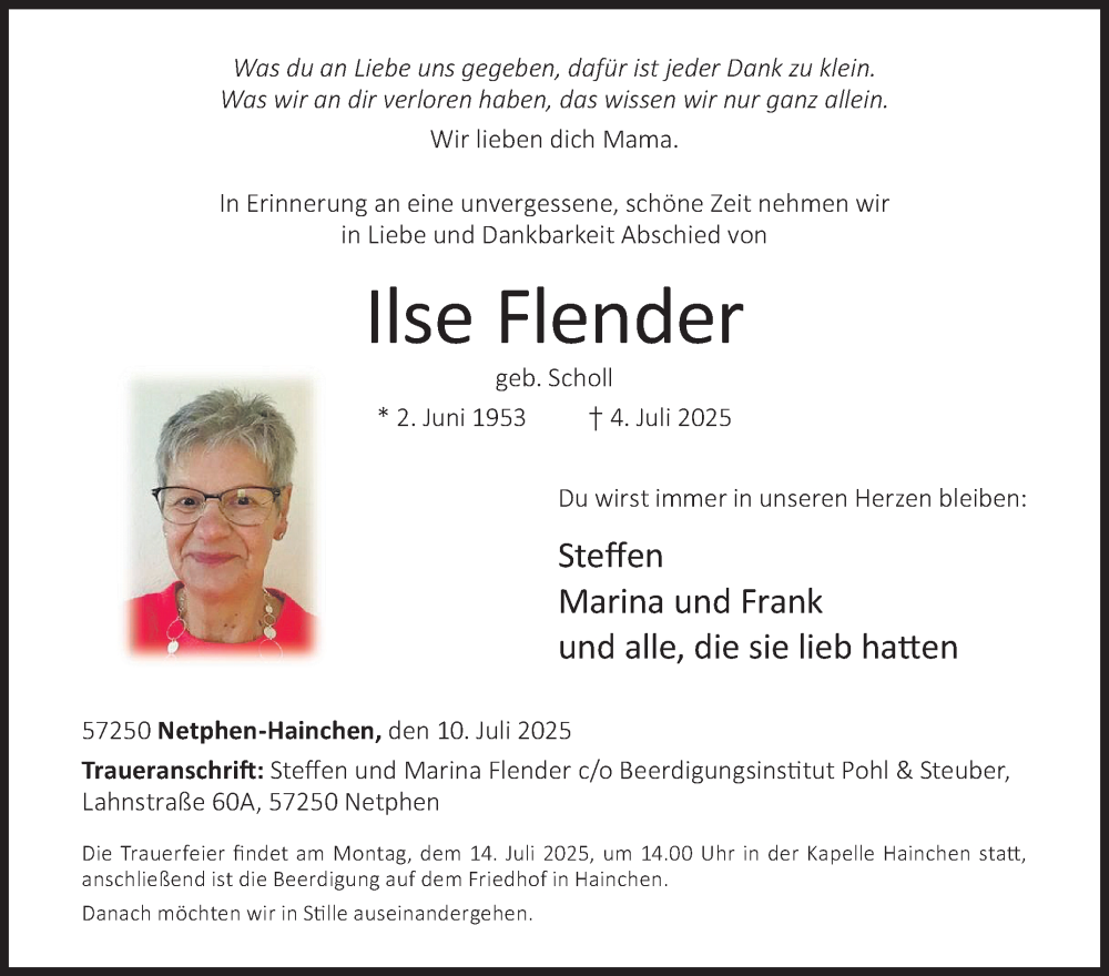  Traueranzeige für Ilse Flender vom 10.07.2025 aus Siegener Zeitung