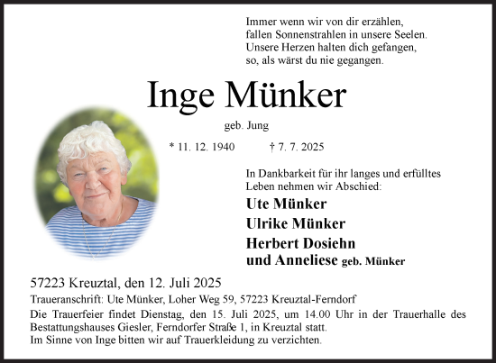 Traueranzeige von Inge Münker von Siegener Zeitung