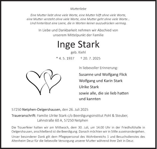 Traueranzeige von Inge Stark von Siegener Zeitung