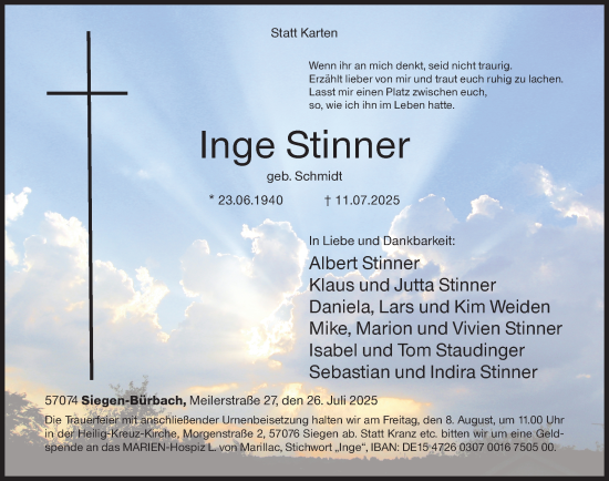 Traueranzeige von Inge Stinner von Siegener Zeitung