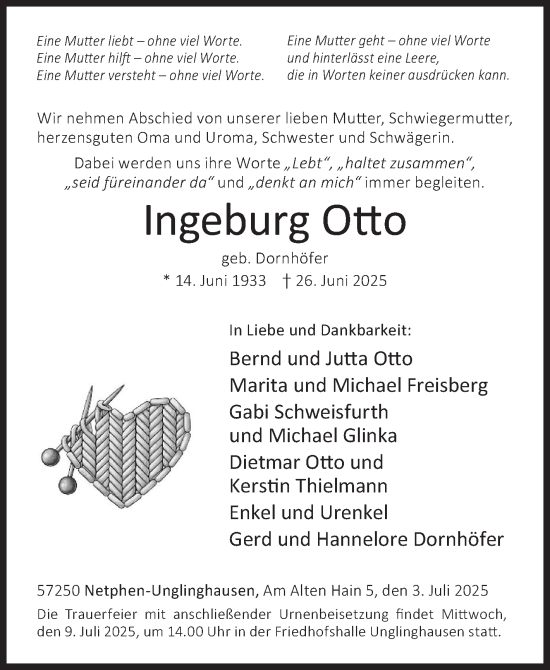 Traueranzeige von Ingeburg Otto von Siegener Zeitung