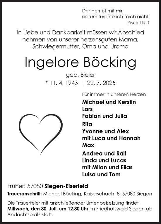 Traueranzeige von Ingelore Böcking von Siegener Zeitung