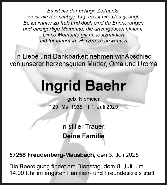 Traueranzeige von Ingrid Baehr von Siegener Zeitung