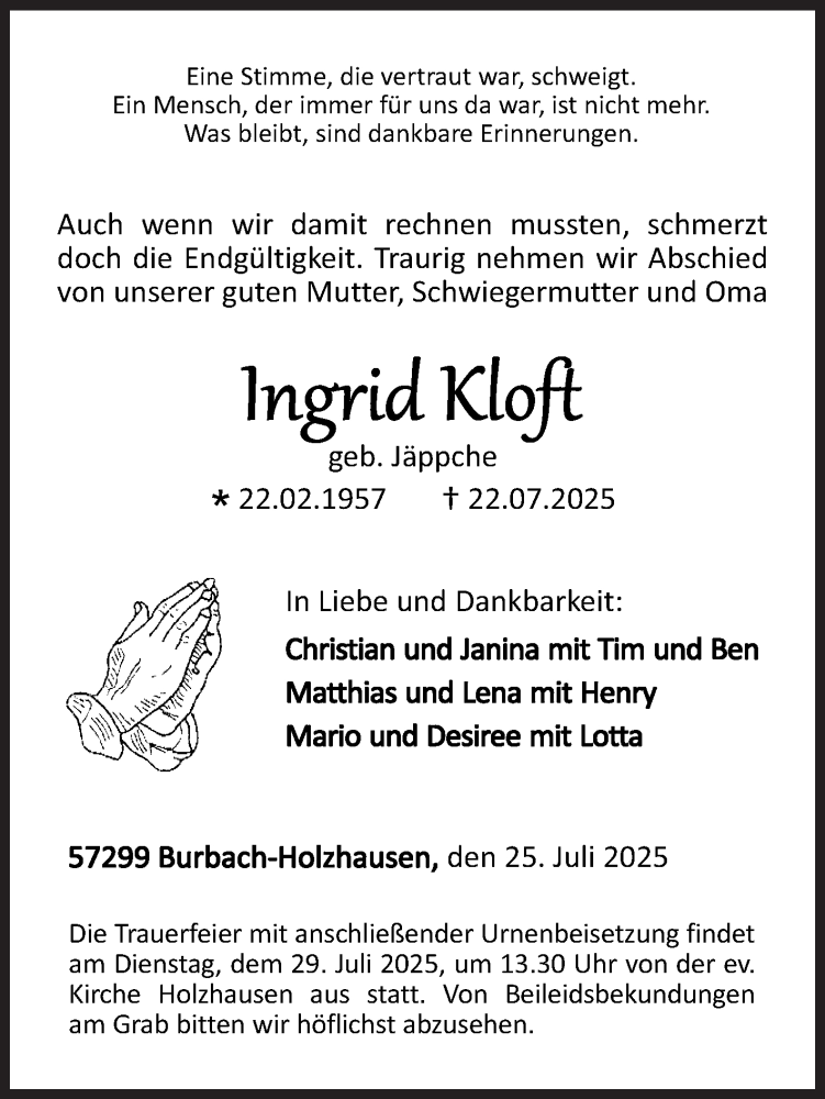  Traueranzeige für Ingrid Kloft vom 25.07.2025 aus Siegener Zeitung