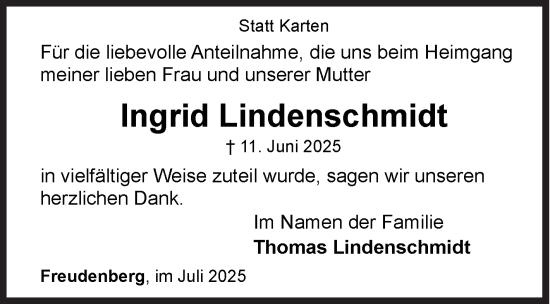 Traueranzeige von Ingrid Lindenschmidt von Siegener Zeitung