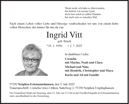 Traueranzeige von Ingrid Vitt von Siegener Zeitung