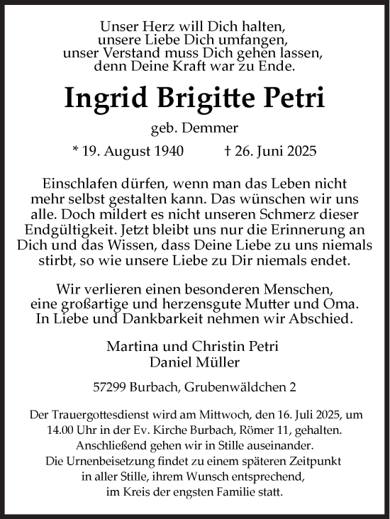 Traueranzeige von Ingrid Brigitte Petri von Siegener Zeitung