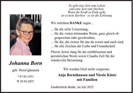 Traueranzeige von Johanna Born von Siegener Zeitung