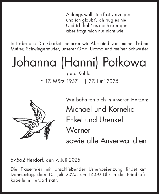 Traueranzeige von Johanna Potkowa von Siegener Zeitung