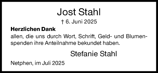 Traueranzeige von Jost Stahl von Siegener Zeitung