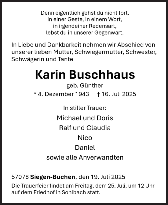 Traueranzeige von Karin Buschhaus von Siegener Zeitung