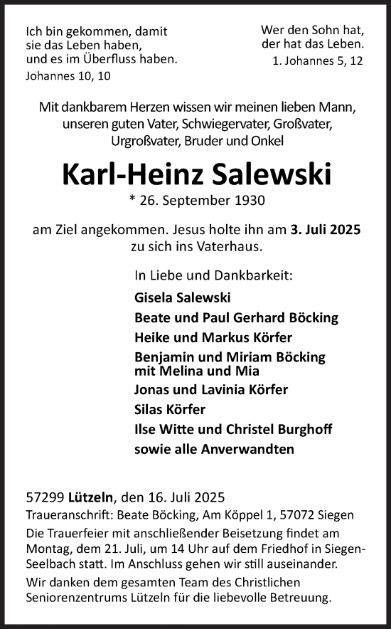 Traueranzeige von Karl-Heinz Salewski von Siegener Zeitung