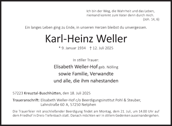 Traueranzeige von Karl-Heinz Weller von Siegener Zeitung
