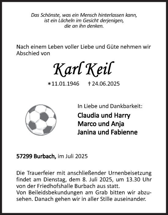 Traueranzeige von Karl Keil von Siegener Zeitung