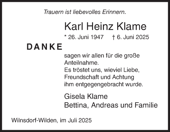 Traueranzeige von Karl Heinz Klame von Siegener Zeitung