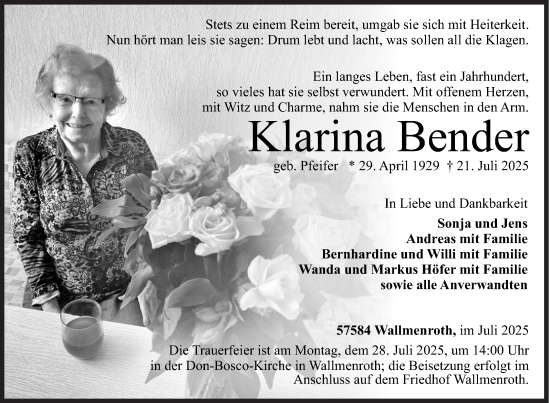 Traueranzeige von Klarina Bender von Siegener Zeitung