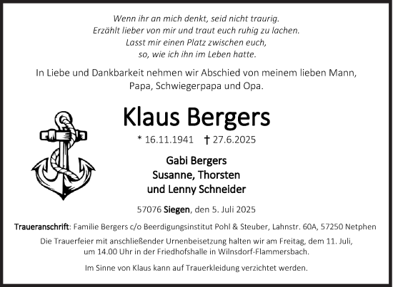 Traueranzeige von Klaus Bergers von Siegener Zeitung