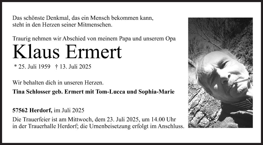  Traueranzeige für Klaus Ermert vom 17.07.2025 aus Siegener Zeitung