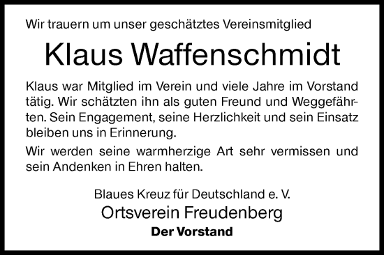 Traueranzeige von Klaus Waffenschmidt von Siegener Zeitung