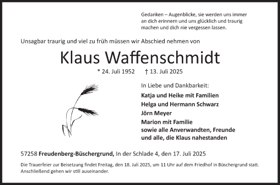 Traueranzeige von Klaus Waffenschmidt von Siegener Zeitung