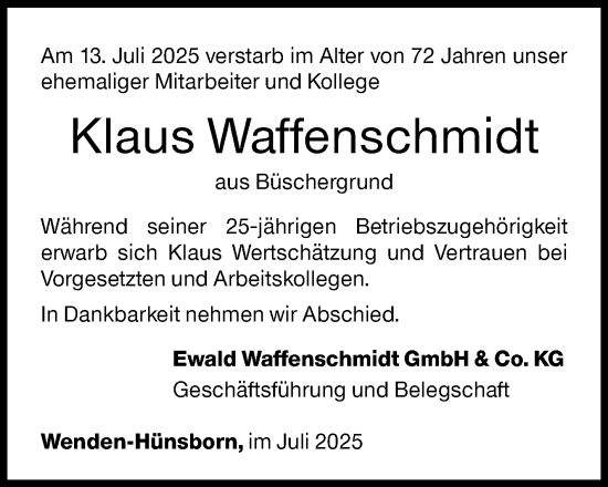 Traueranzeige von Klaus Waffenschmidt von Siegener Zeitung