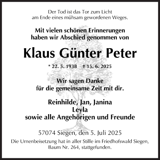 Traueranzeige von Klaus Günter Peter von Siegener Zeitung