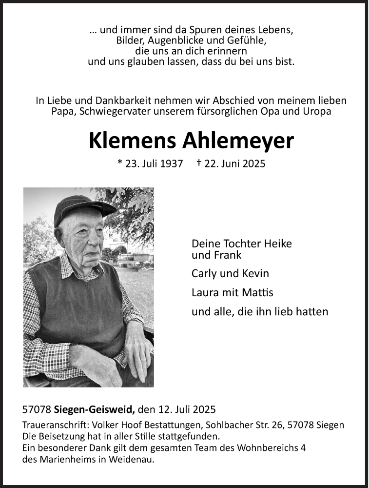  Traueranzeige für Klemens Ahlemeyer vom 12.07.2025 aus Siegener Zeitung