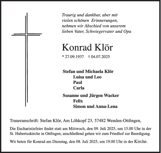 Traueranzeige von Konrad Klör von Siegener Zeitung