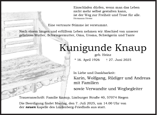 Traueranzeige von Kunigunde Knaup von Siegener Zeitung