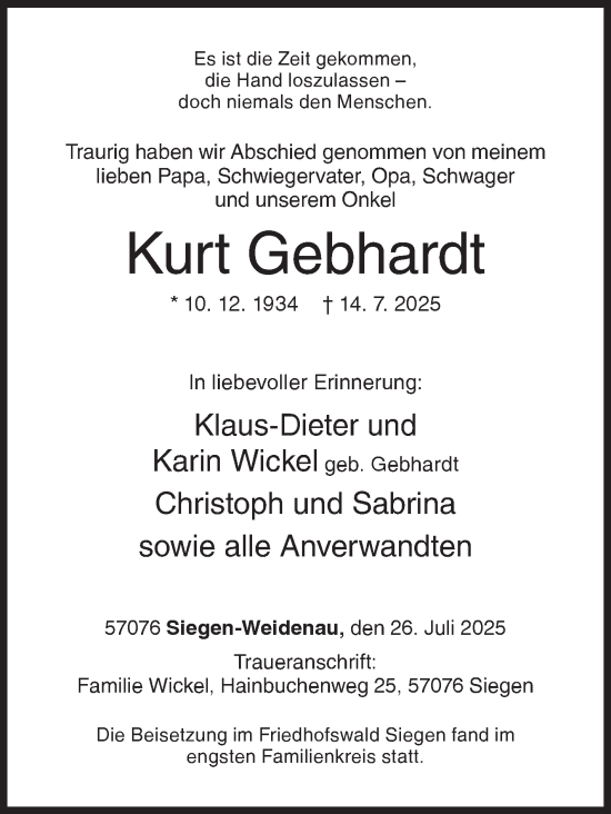 Traueranzeige von Kurt Gebhardt von Siegener Zeitung