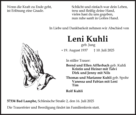 Traueranzeige von Leni Kuhli von Siegener Zeitung