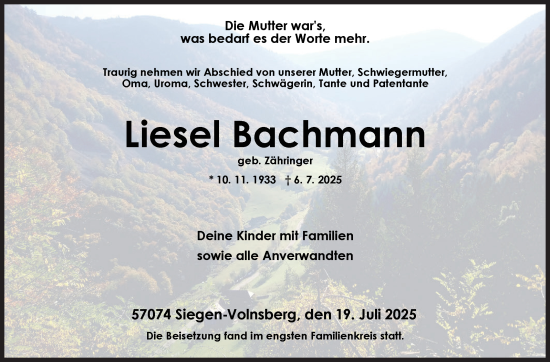 Traueranzeige von Liesel Bachmann von Siegener Zeitung