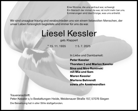 Traueranzeige von Liesel Kessler von Siegener Zeitung