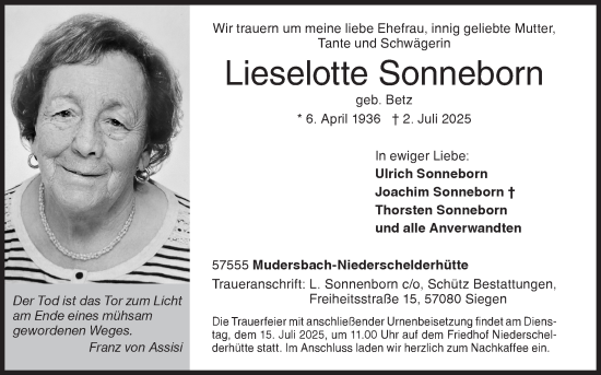 Traueranzeige von Lieselotte Sonneborn von Siegener Zeitung