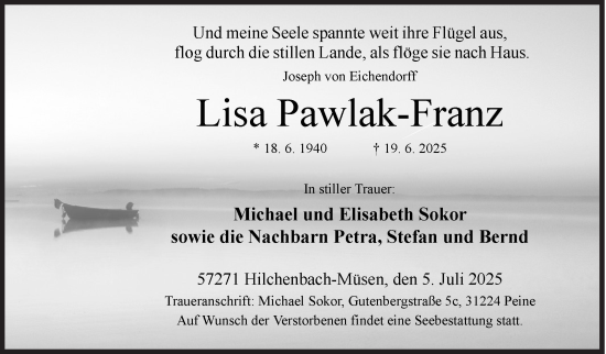 Traueranzeige von Lisa Pawlak-Franz von Siegener Zeitung
