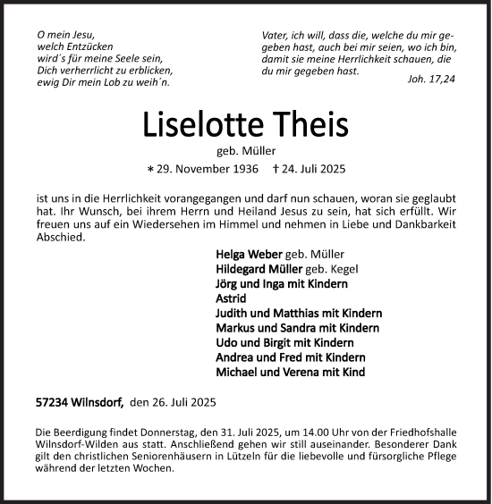 Traueranzeige von Liselotte Theis von Siegener Zeitung