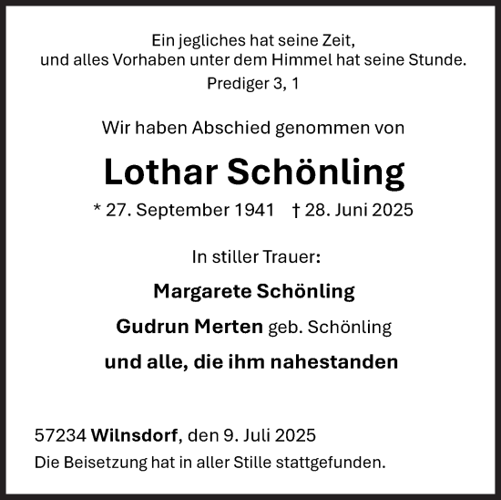 Traueranzeige von Lothar Schönling von Siegener Zeitung