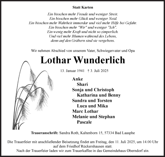 Traueranzeige von Lothar Wunderlich von Siegener Zeitung