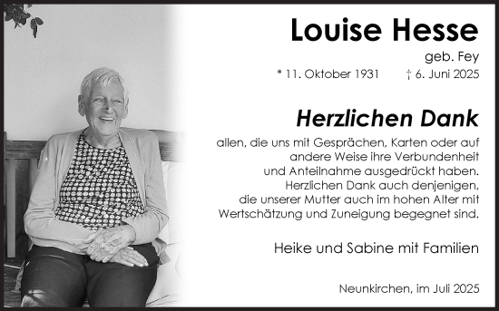 Traueranzeige von Louise Hesse von Siegener Zeitung