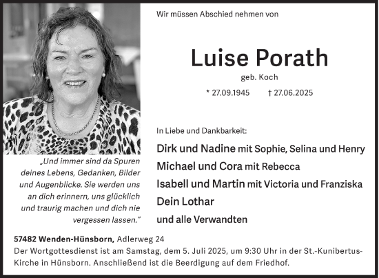 Traueranzeige von Luise Porath von Siegener Zeitung