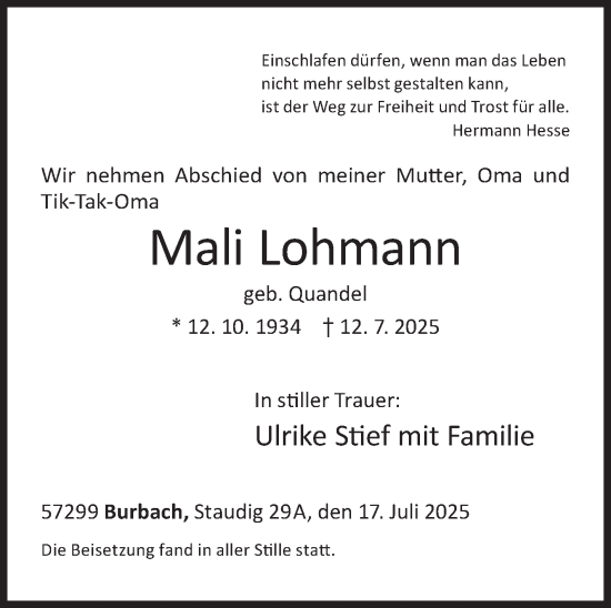 Traueranzeige von Mali Lohmann von Siegener Zeitung