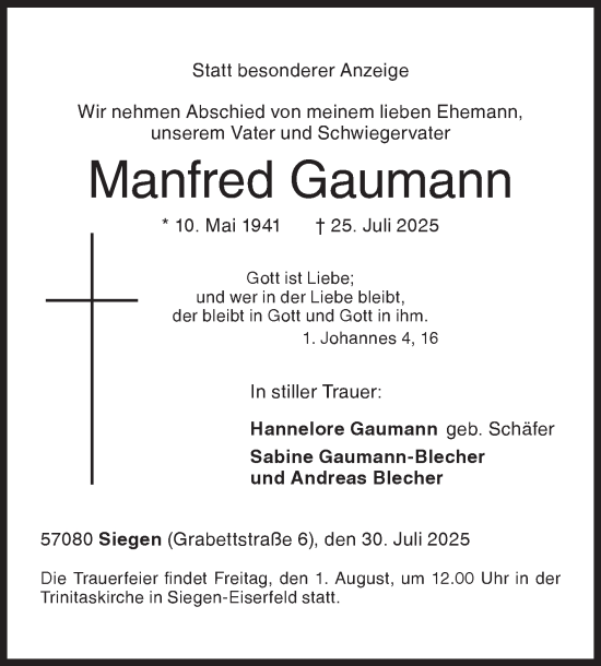 Traueranzeige von Manfred Gaumann von Siegener Zeitung